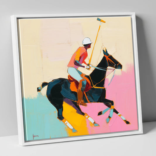 The Vibrant Chukka polo horse canvas wall art in white frame