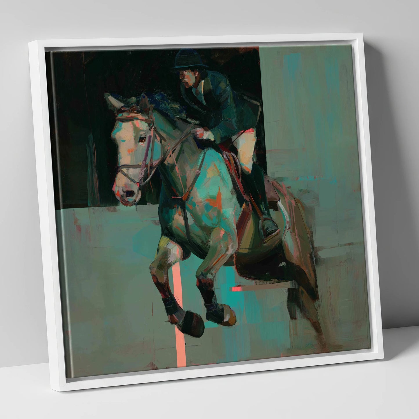 Suspended in Colour show jumping horse canvas wall art in white frame