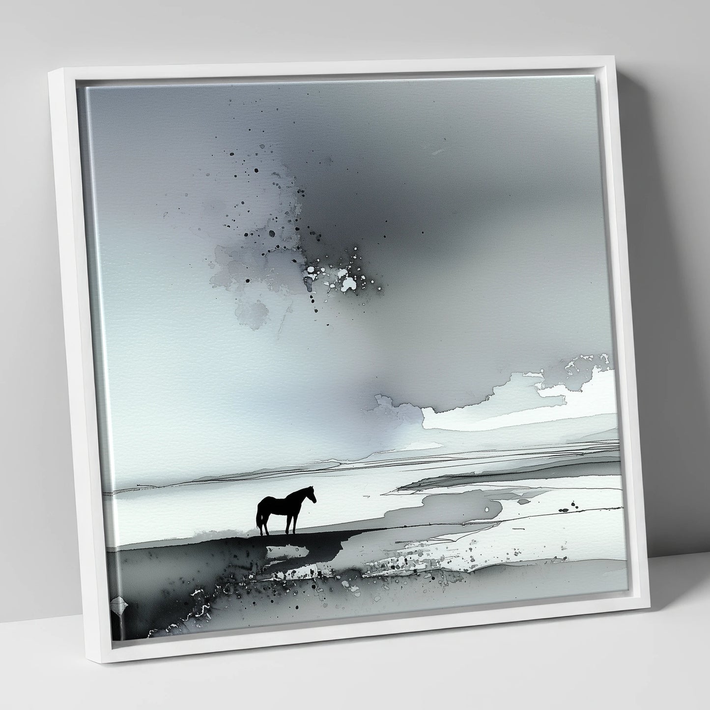 Solitary Horizon horse landscape canvas wall art in white frame
