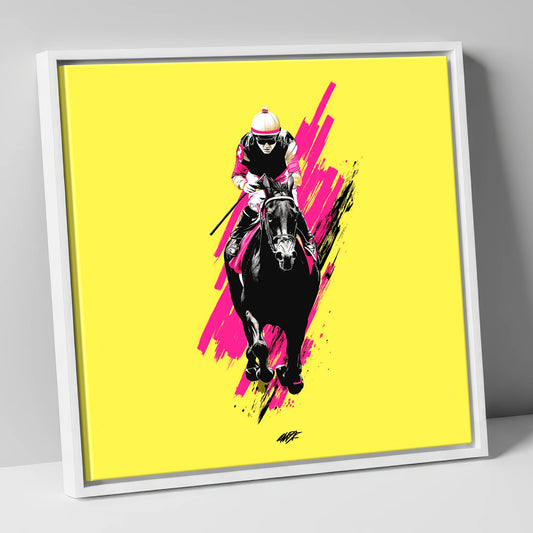 The Front Runner racing horse canvas wall art in white frame