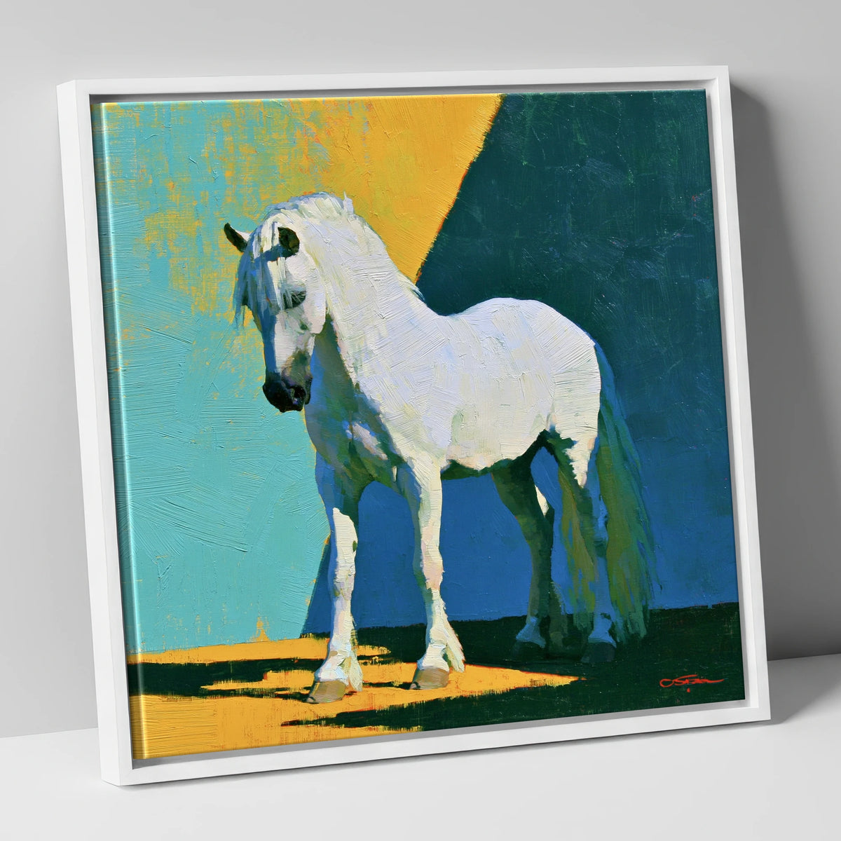 Grey Horse in Vivid Sunlight horse breed canvas wall art in white frame