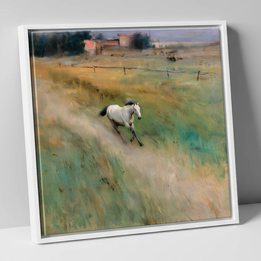Morning Canter across the Lowlands horse landscape canvas wall art in white frame