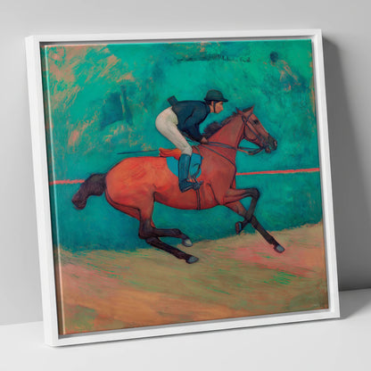 Rhythm in Emerald racing horse canvas wall art in white frame