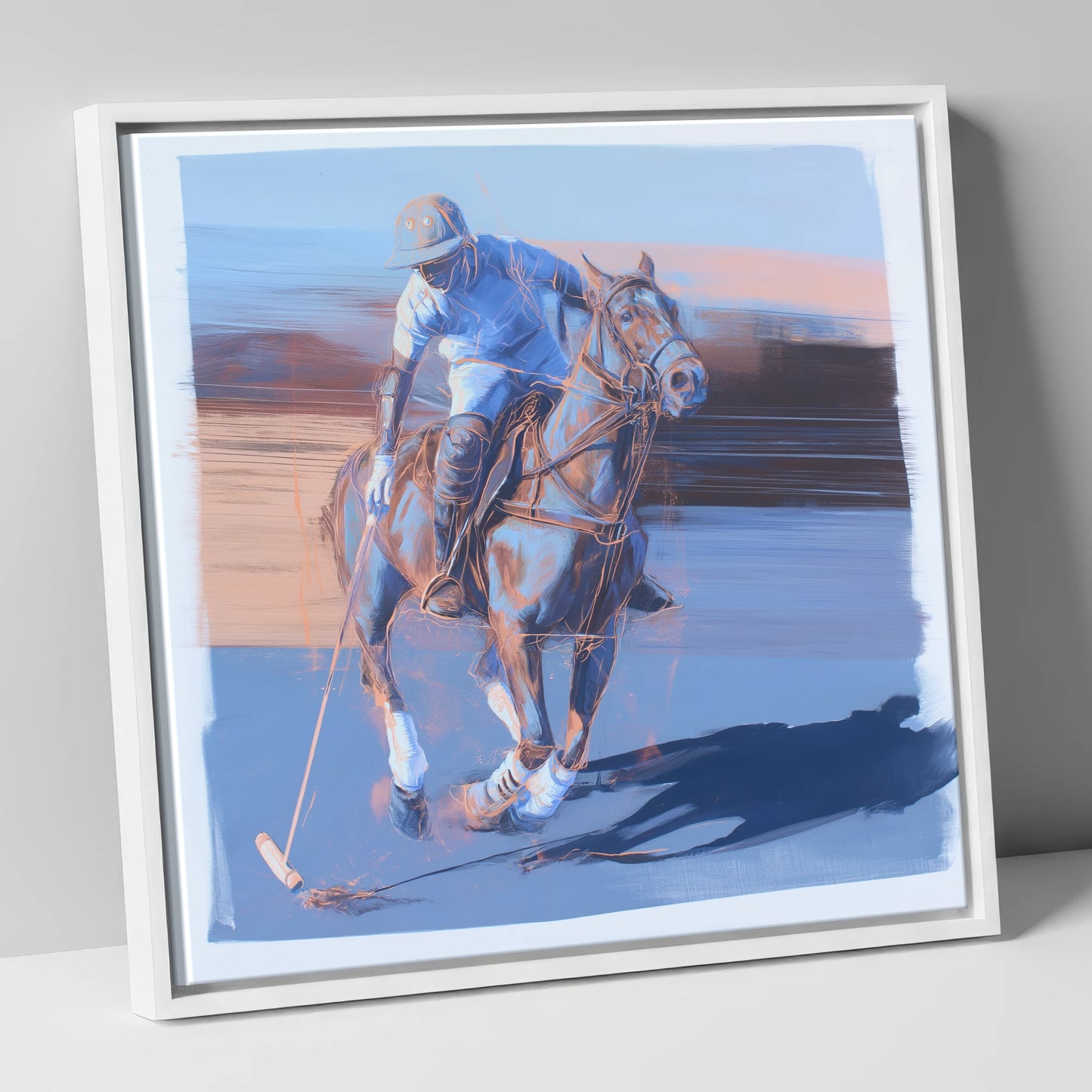 The Cobalt Chukka polo horse canvas wall art in white frame
