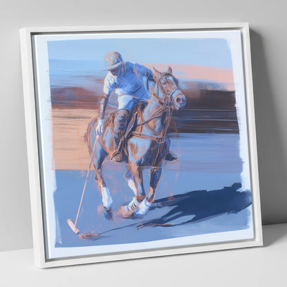 The Cobalt Chukka polo horse canvas wall art in white frame