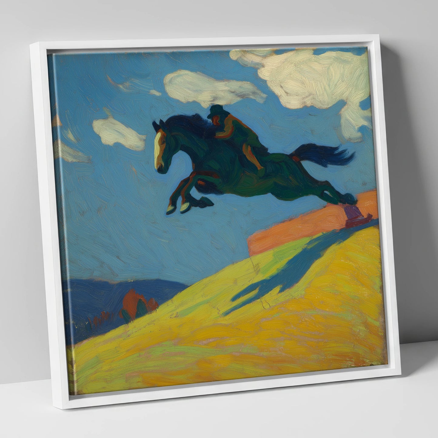 Airborne Splendour show jumping horse canvas wall art in white frame