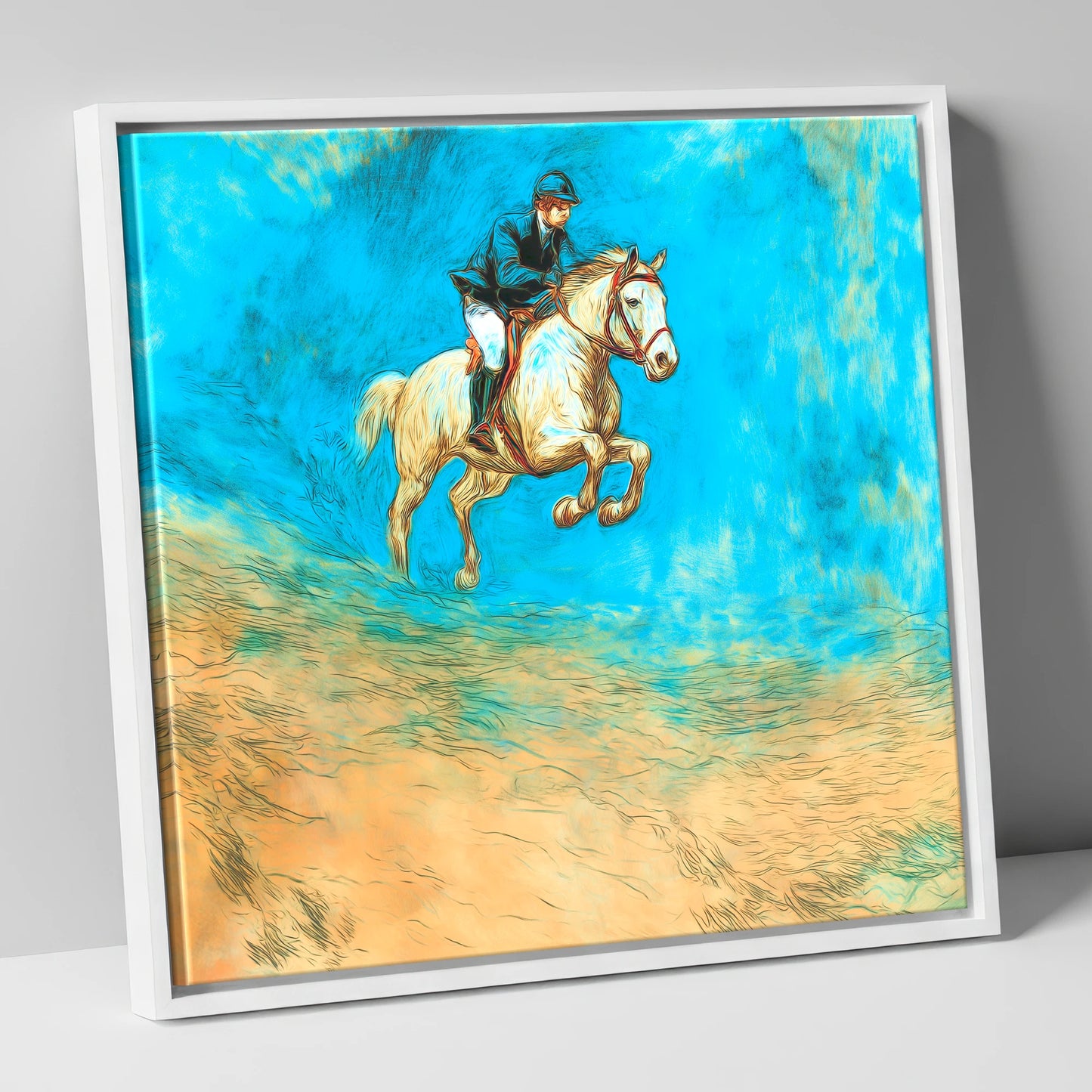 Flight in Cerulean show jumping horse canvas wall art in white frame