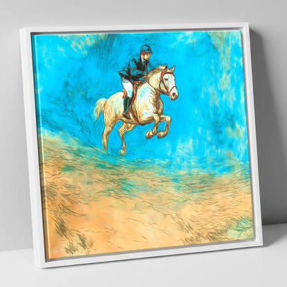 Flight in Cerulean show jumping horse canvas wall art in white frame