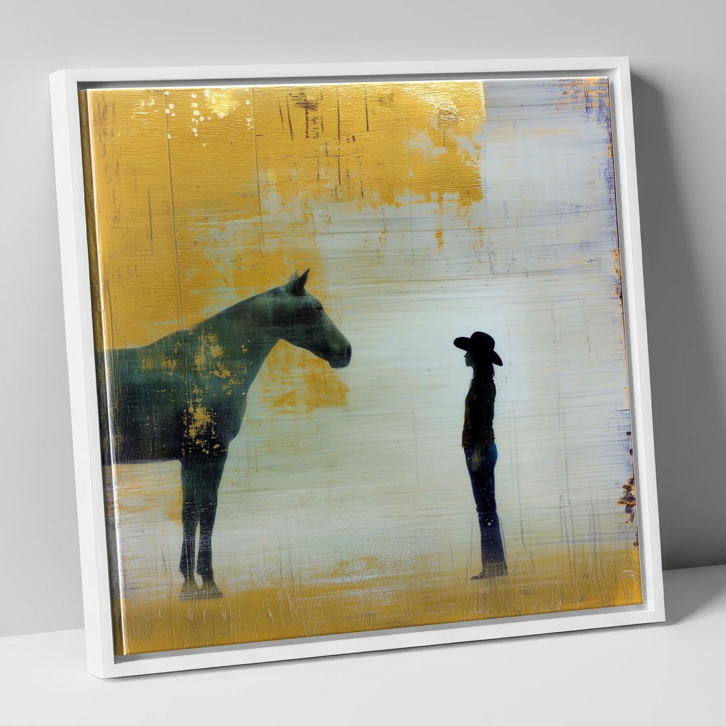 Golden Western Silhouette western horse canvas wall art in white frame