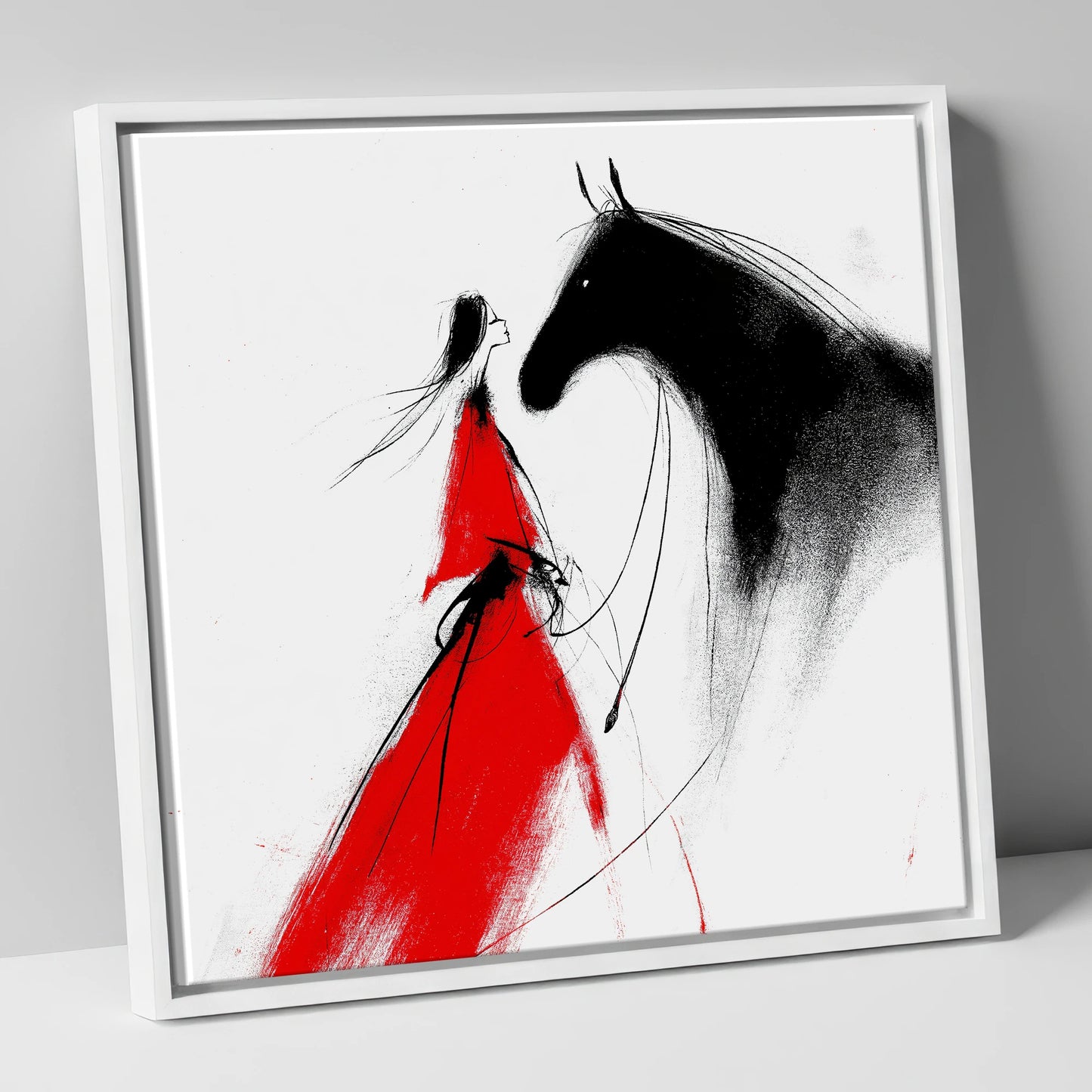 Scarlet and Shadow horse & rider canvas wall art in white frame