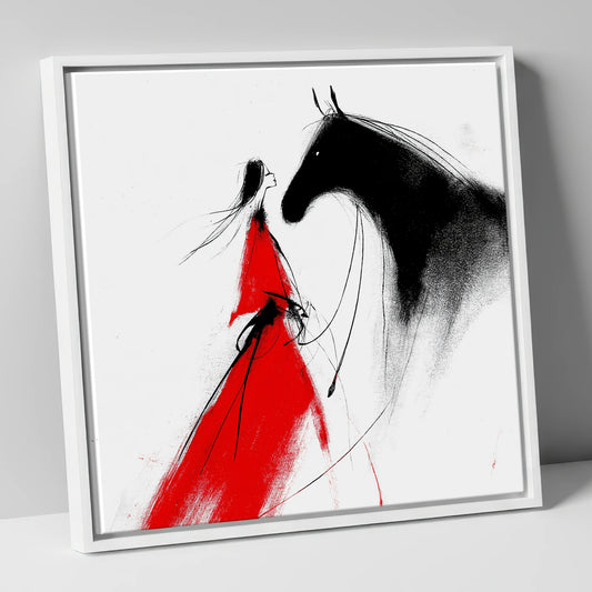 Scarlet and Shadow horse & rider canvas wall art in white frame