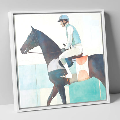 Aquamarine Stride racing horse canvas wall art in white frame
