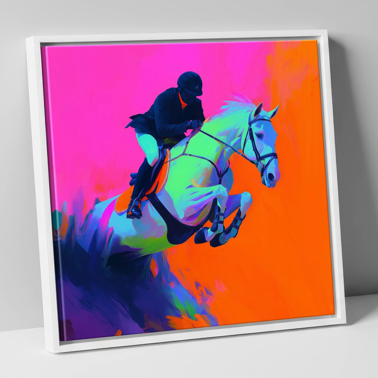Electric Flight show jumping horse canvas wall art in white frame