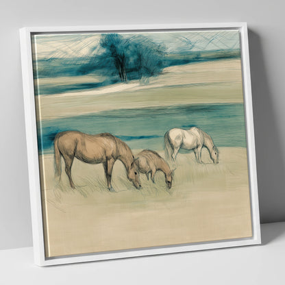 Tranquil Teal Pastures mare & foal canvas wall art in white frame