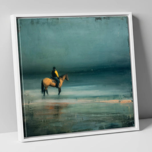 Teal Tide Rider beach horse canvas wall art in white frame