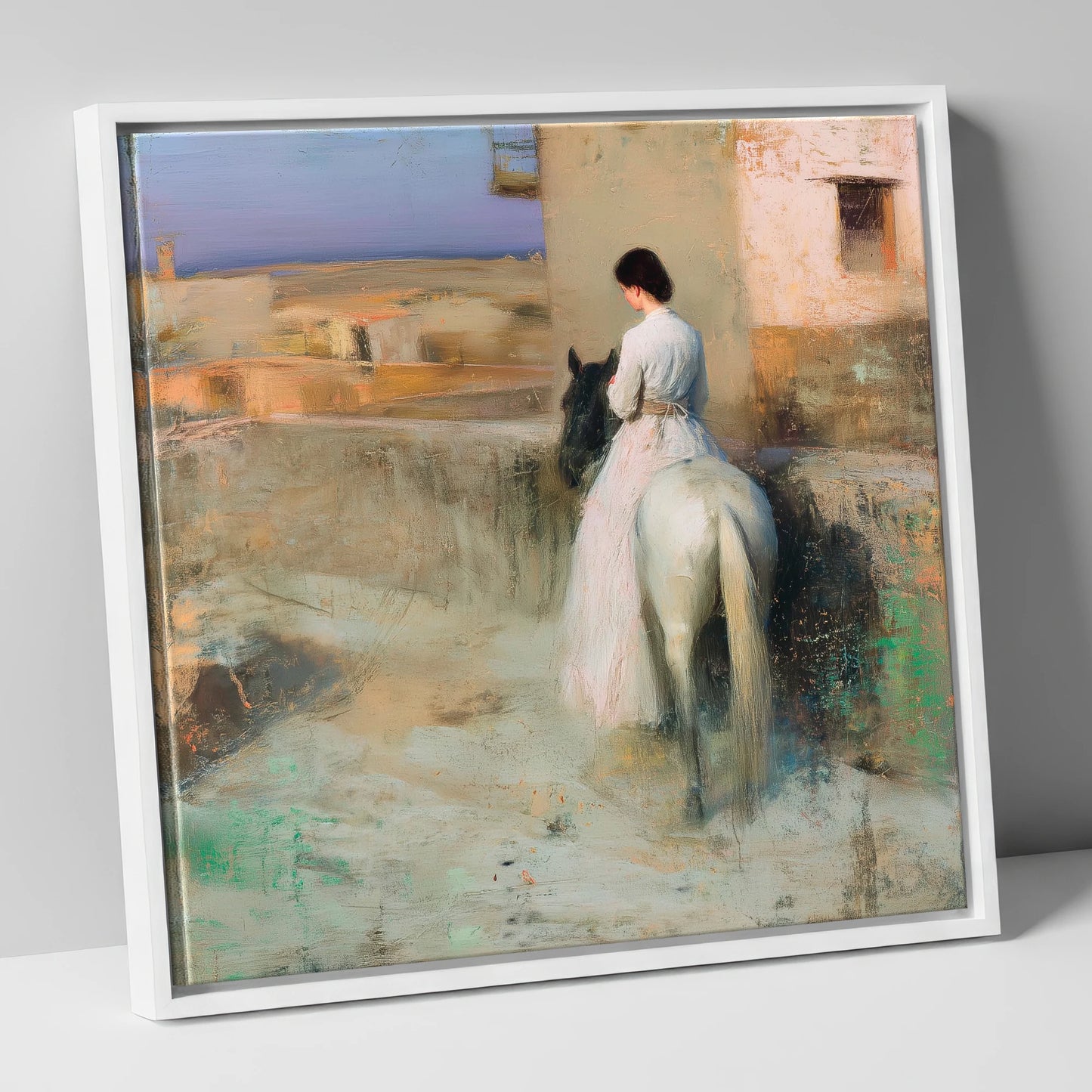 Distant Horizons horse & rider canvas wall art in white frame