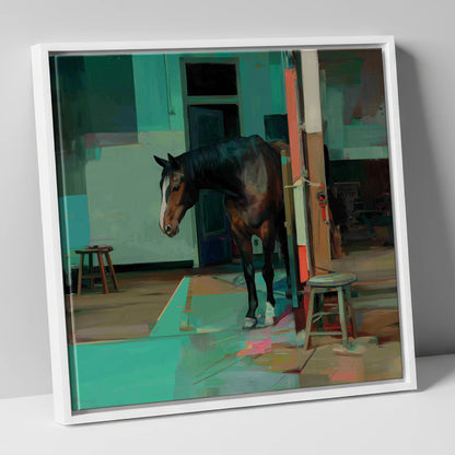 Quiet Yard in Teal horse stable canvas wall art in white frame