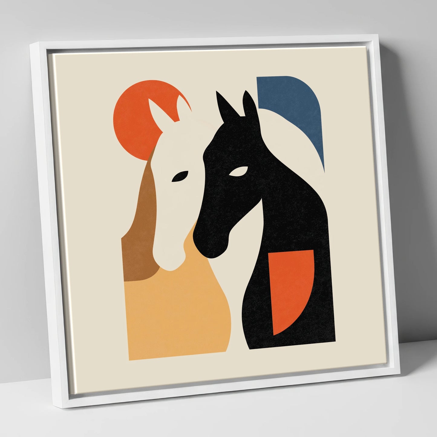Modernist Equine Embrace horse portrait canvas wall art in white frame