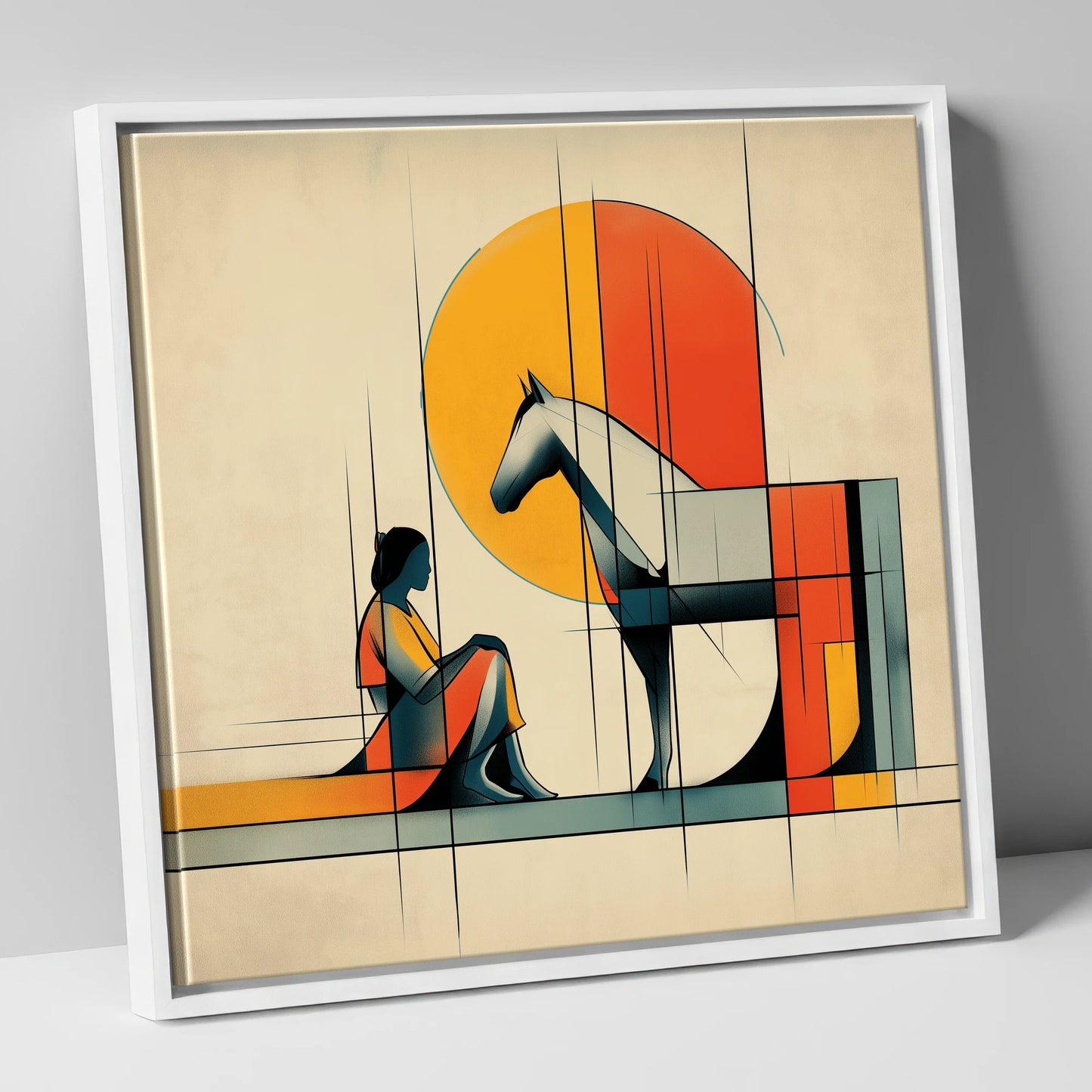 Structured Harmony horse & rider canvas wall art in white frame