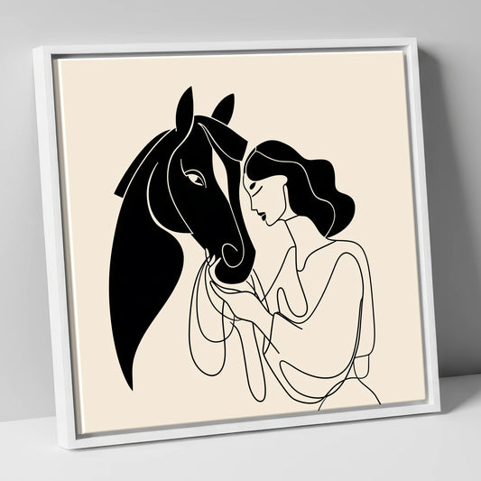 Black Ink Horse and Woman horse & rider canvas wall art in white frame