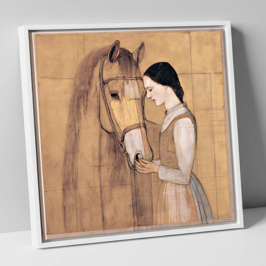 Quiet Connection horse & rider canvas wall art in white frame