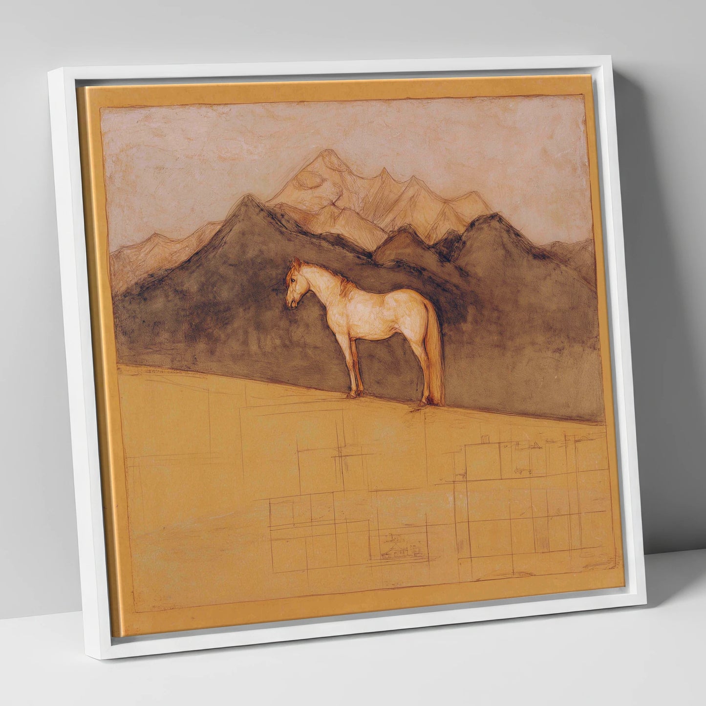 Mountain Sentinel horse landscape canvas wall art in white frame