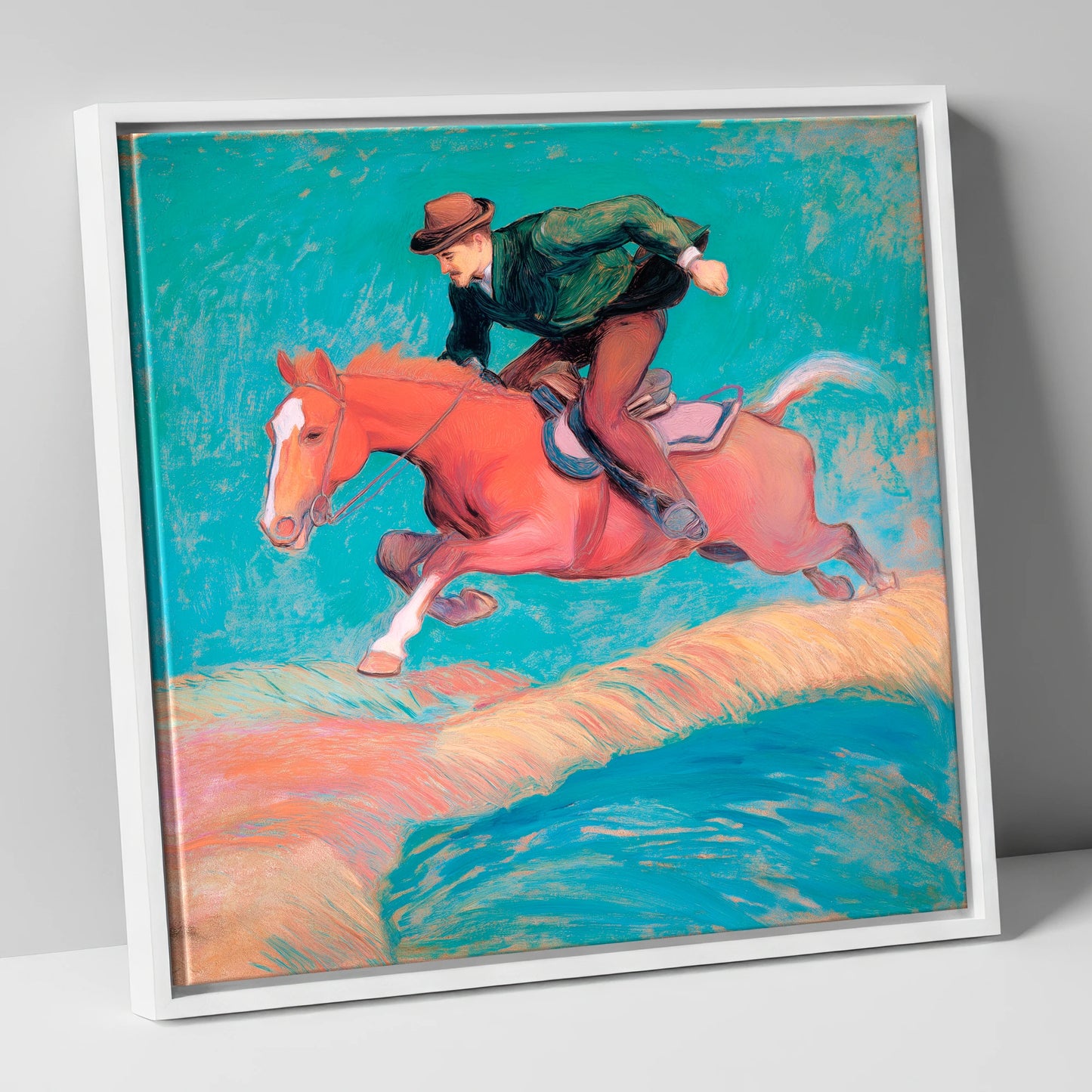 The Bold Leap show jumping horse canvas wall art in white frame