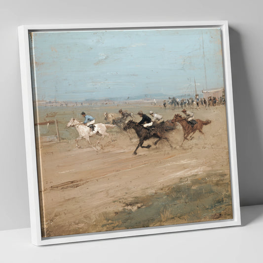 The Final Furlong racing horse canvas wall art in white frame