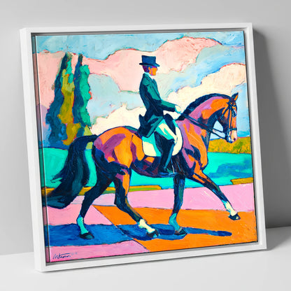 Vibrant Dressage Rhythm dressage horse canvas wall art in white frame