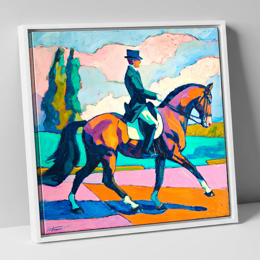 Vibrant Dressage Rhythm dressage horse canvas wall art in white frame