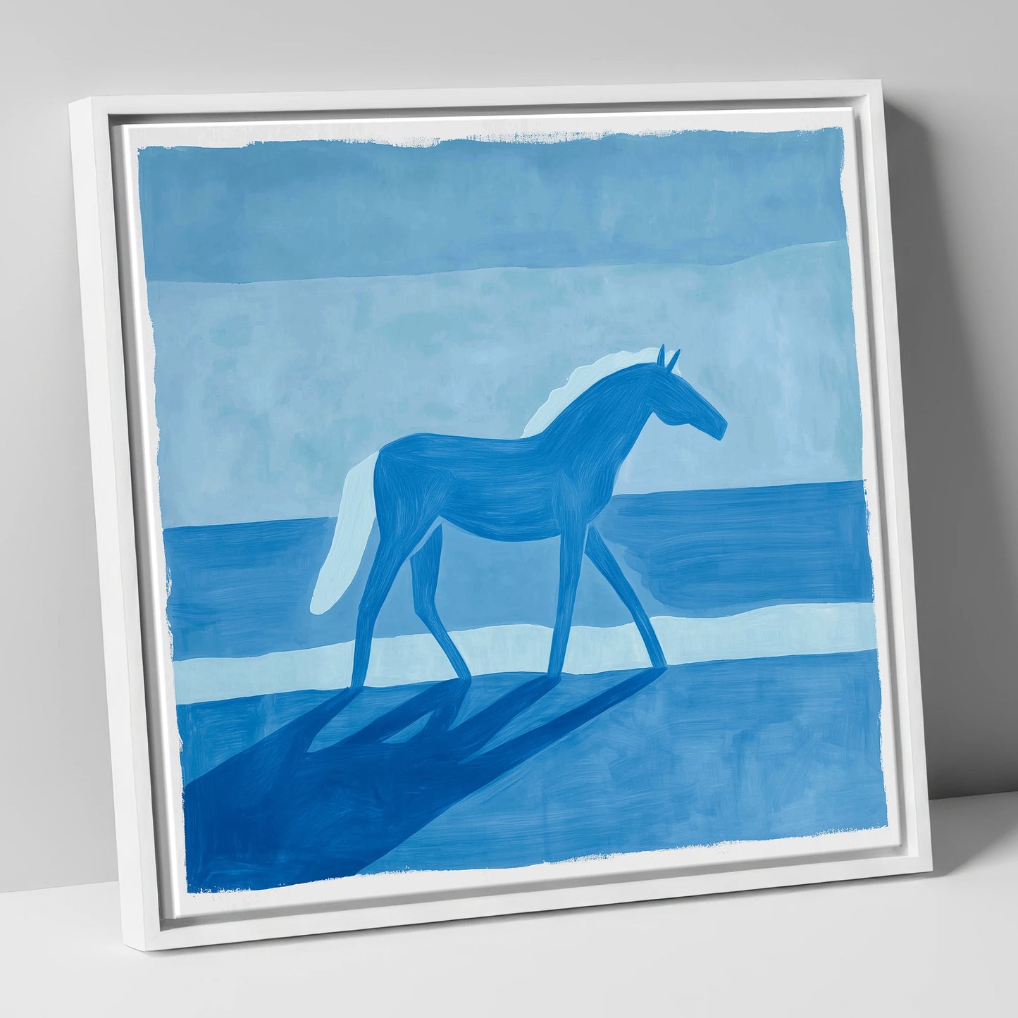 Cobalt Coastal Strides horse landscape canvas wall art in white frame