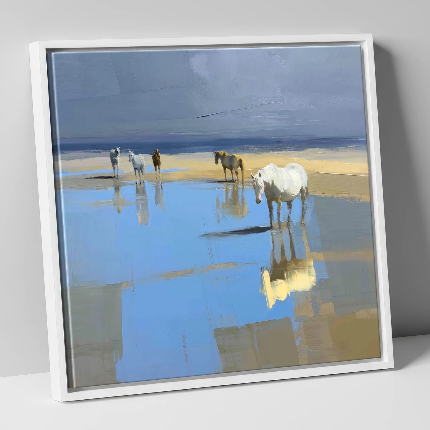 Stillness in the Shallows horse landscape canvas wall art in white frame