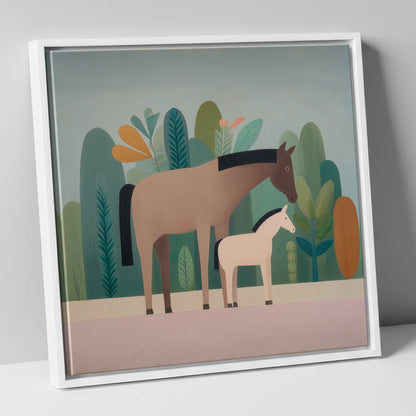 Tranquil Grove mare & foal canvas wall art in white frame