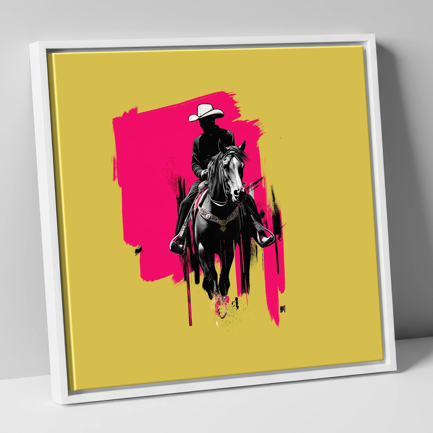 Magenta High Noon western horse canvas wall art in white frame