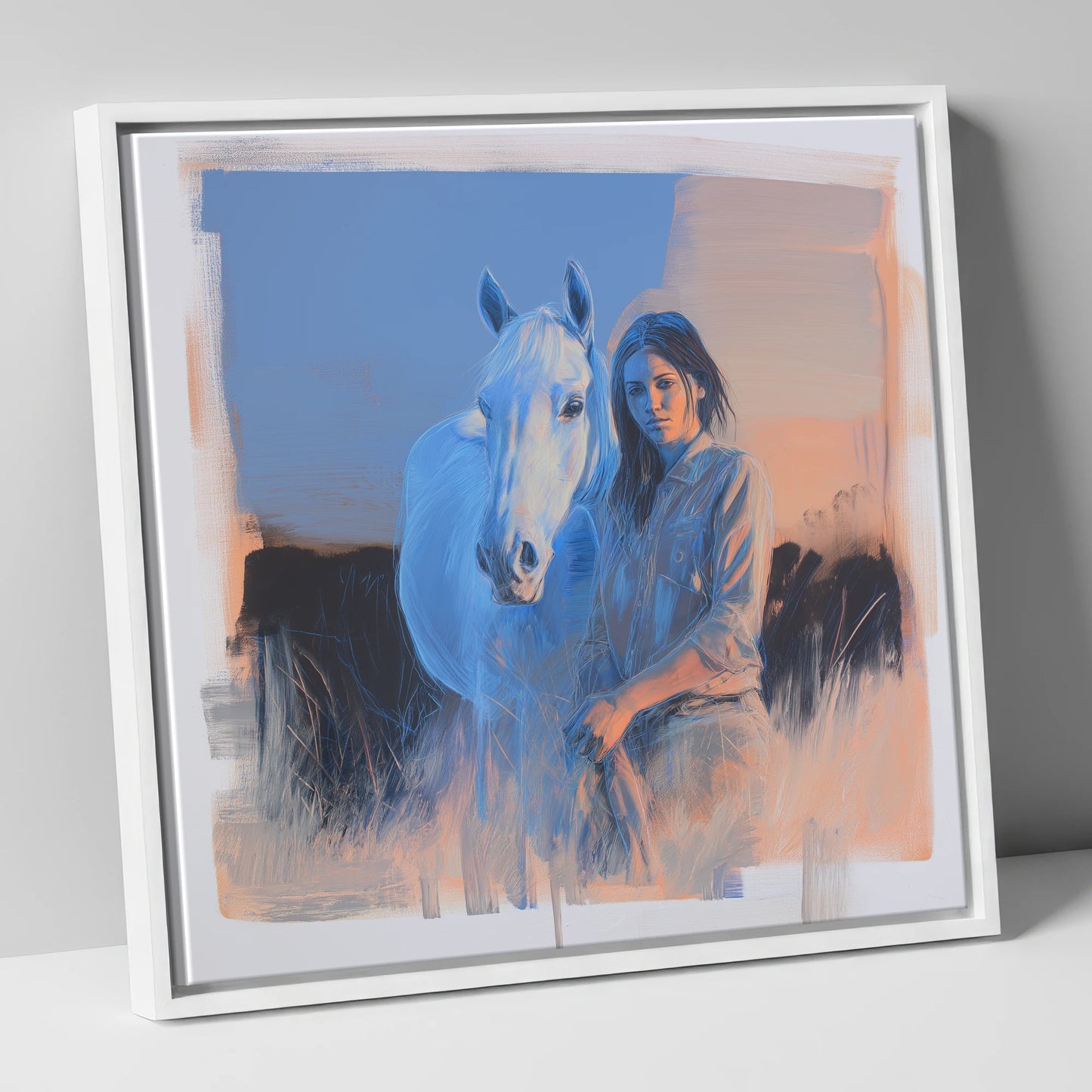 The Silent Connection horse & rider canvas wall art in white frame