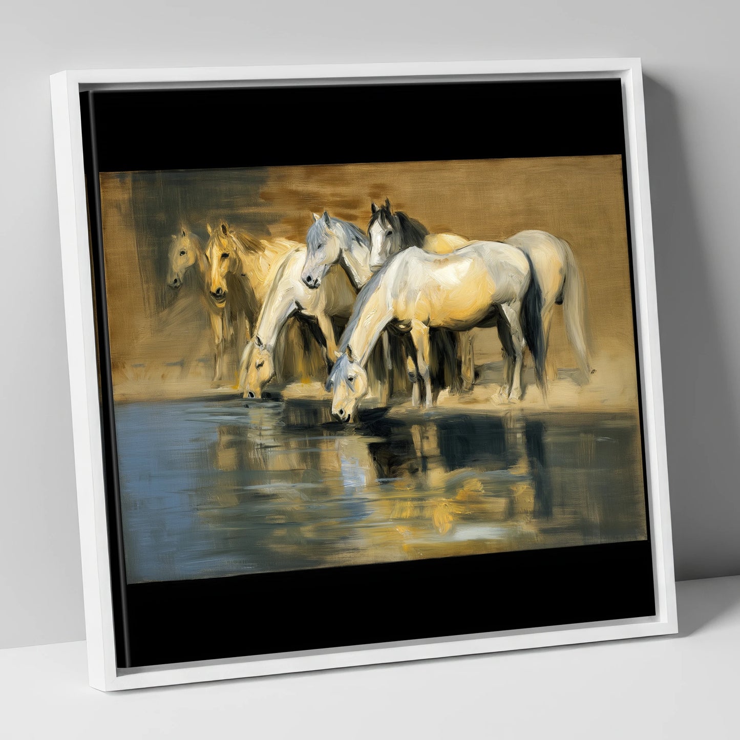 Reflections of the Herd wild horses canvas wall art in white frame