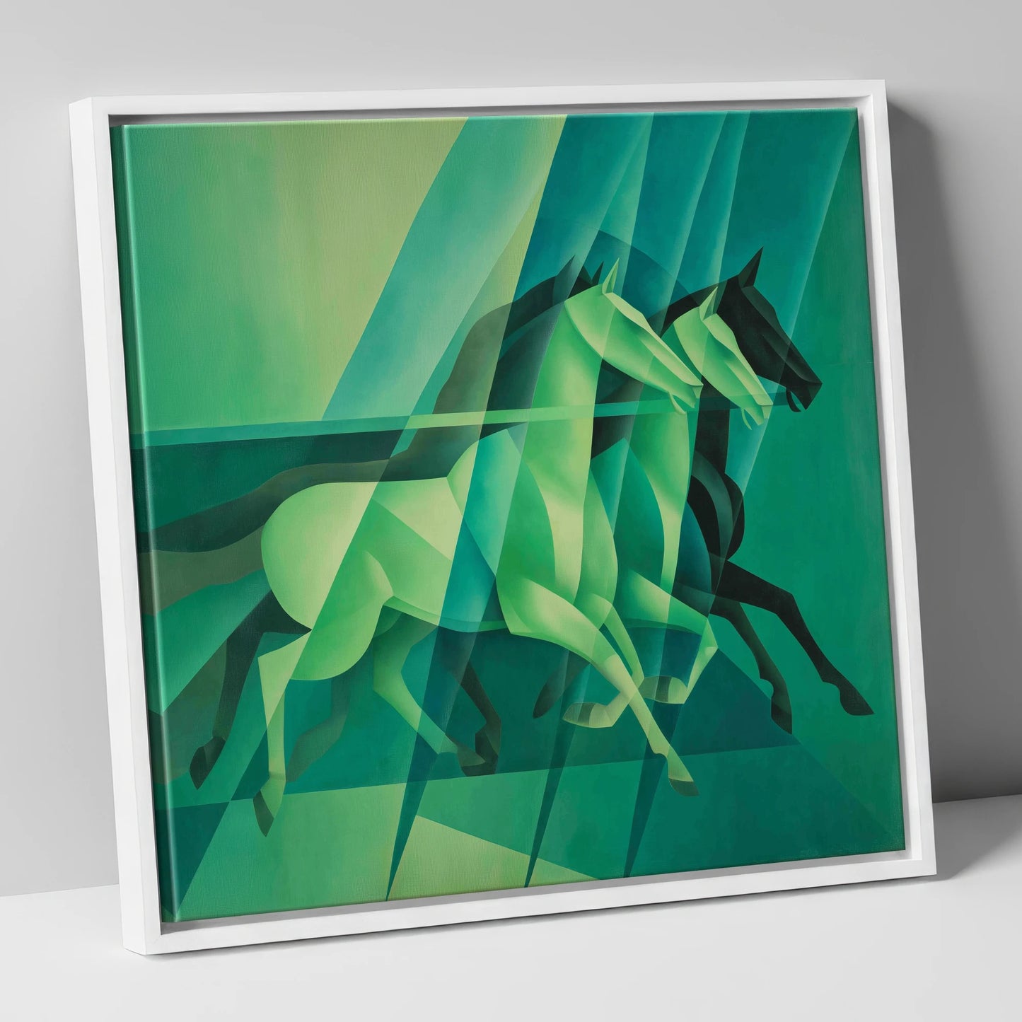 Emerald Rhythm racing horse canvas wall art in white frame