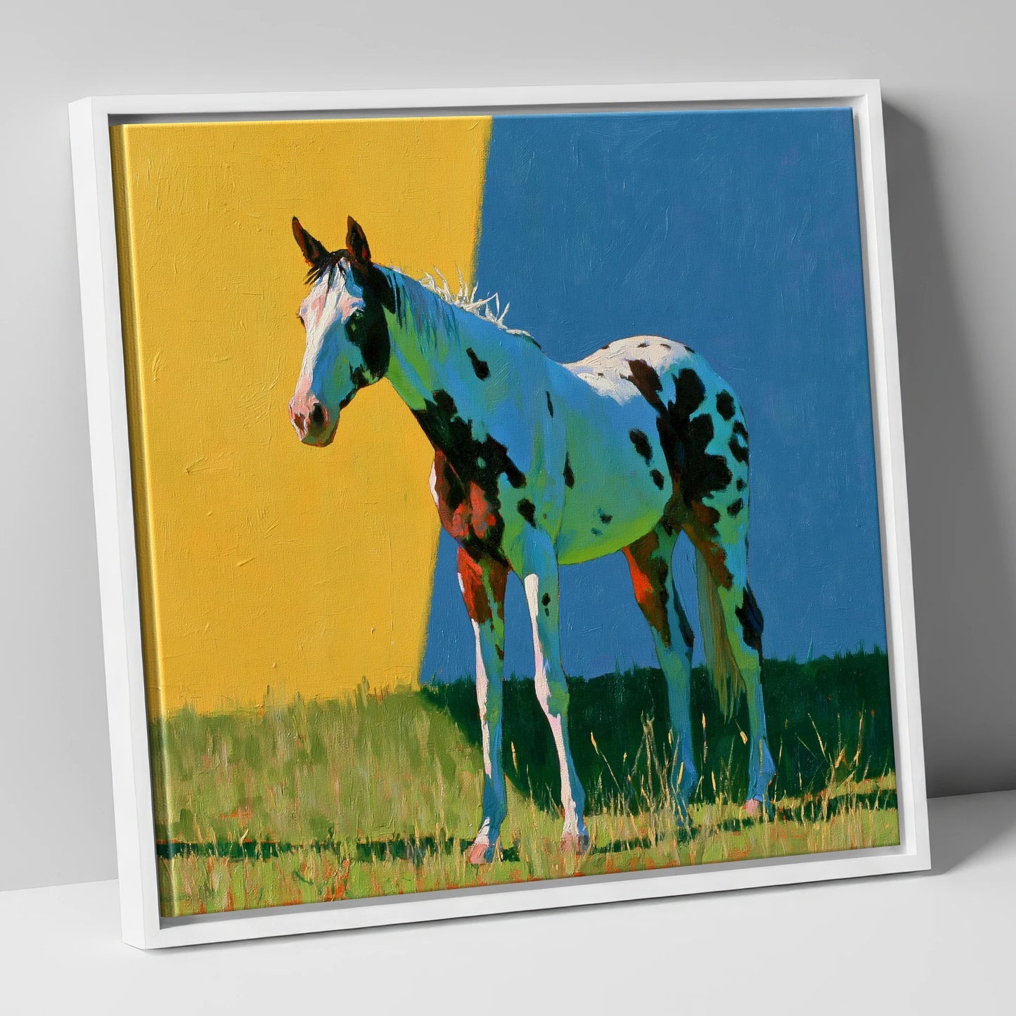 Spotted Horse in Vibrant Colours horse breed canvas wall art in white frame