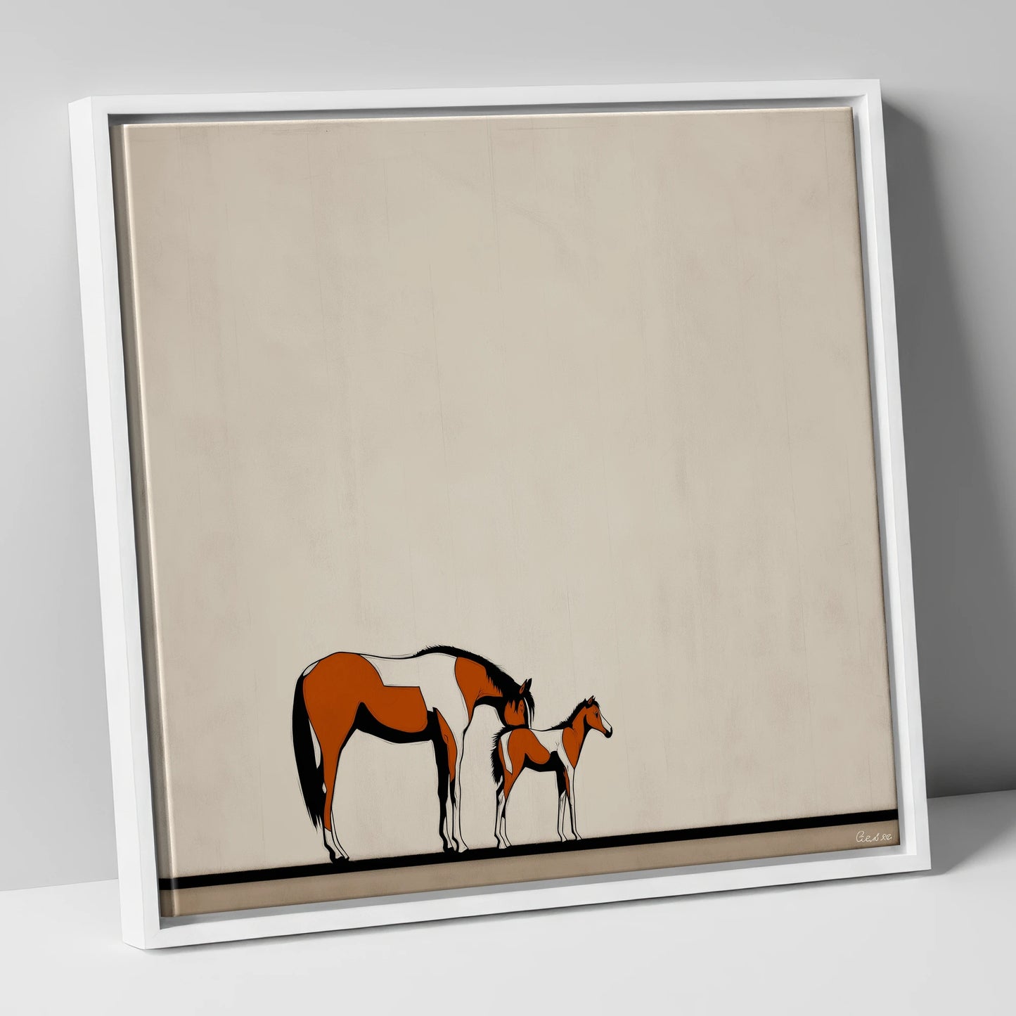 Quiet Moments mare & foal canvas wall art in white frame