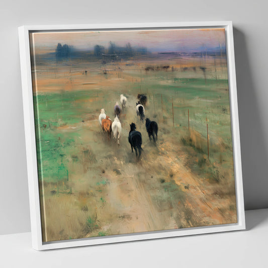 Heading for the Horizon wild horses canvas wall art in white frame