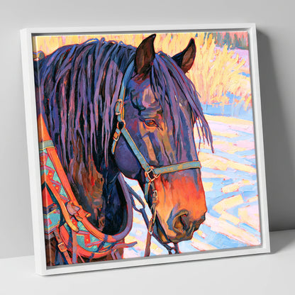 Vibrant Heavy Horse In Winter Light horse breed canvas wall art in white frame