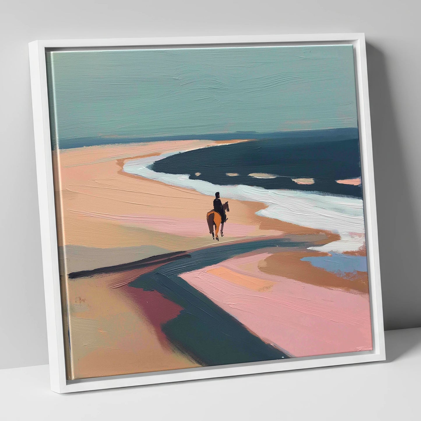 Coastal Solitude horse landscape canvas wall art in white frame