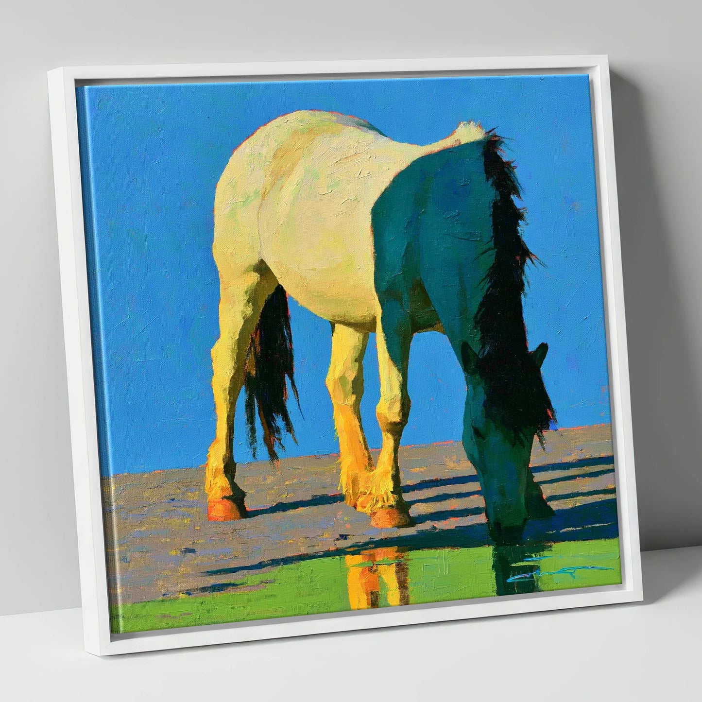 Horse Drinking in Vibrant Light horse breed canvas wall art in white frame