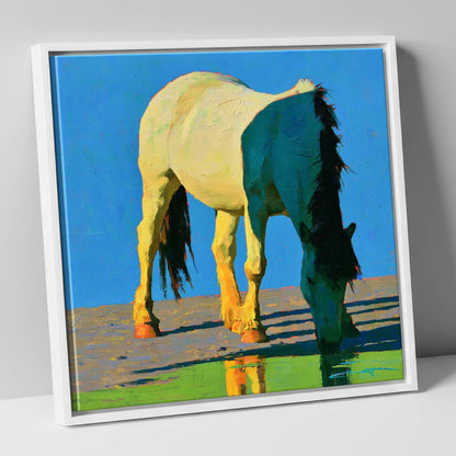 Horse Drinking in Vibrant Light horse breed canvas wall art in white frame