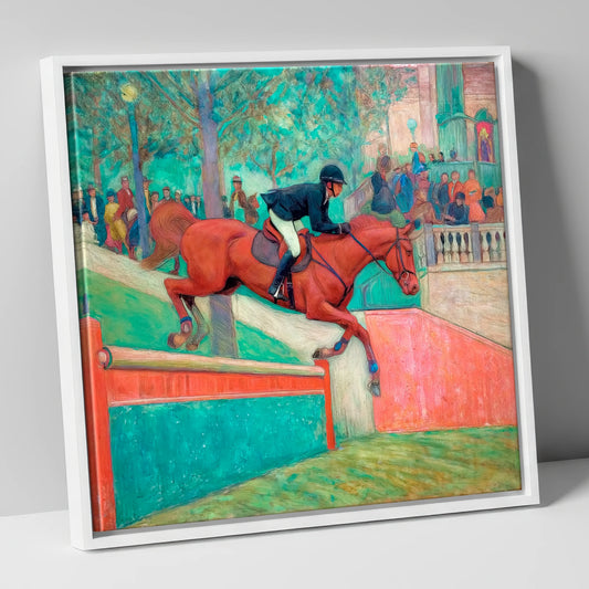 The Emerald Leap show jumping horse canvas wall art in white frame