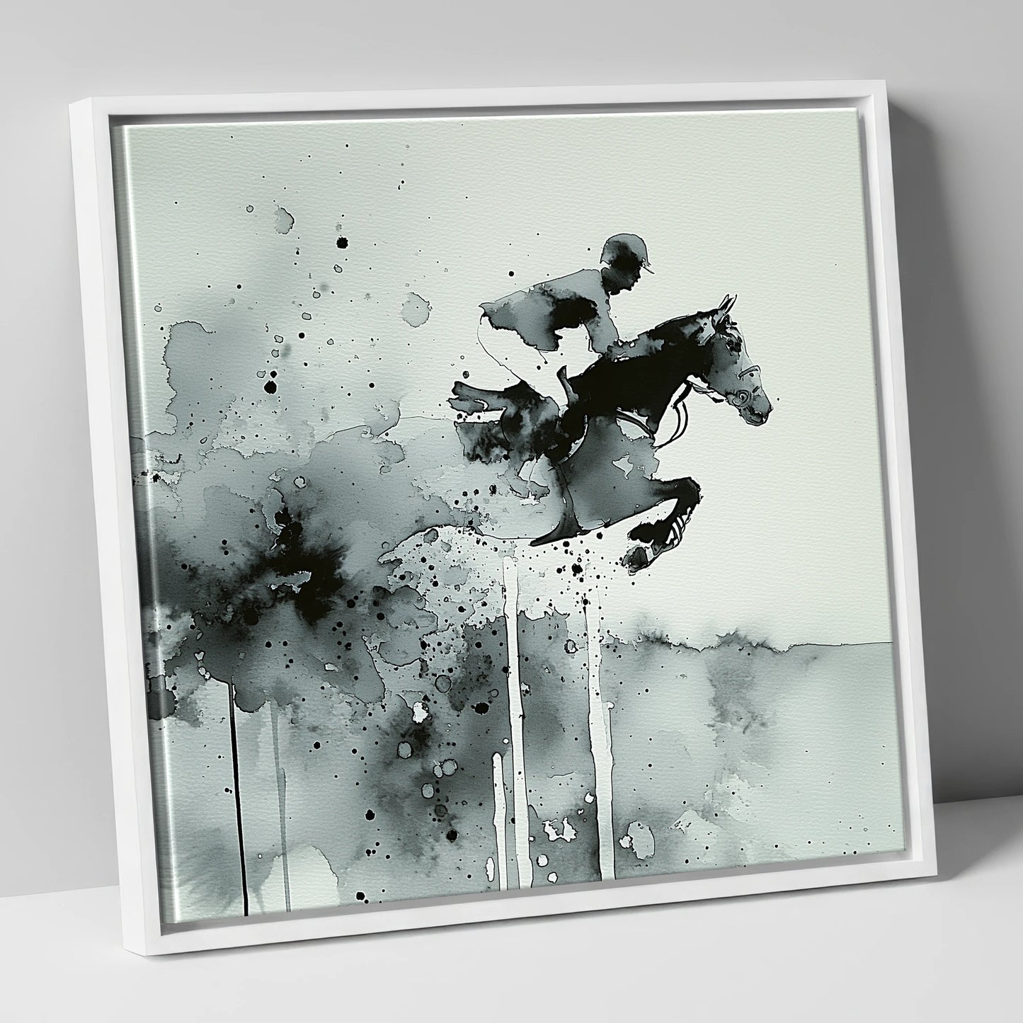 Airborne Shadows show jumping horse canvas wall art in white frame