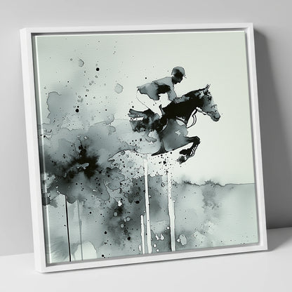 Airborne Shadows show jumping horse canvas wall art in white frame