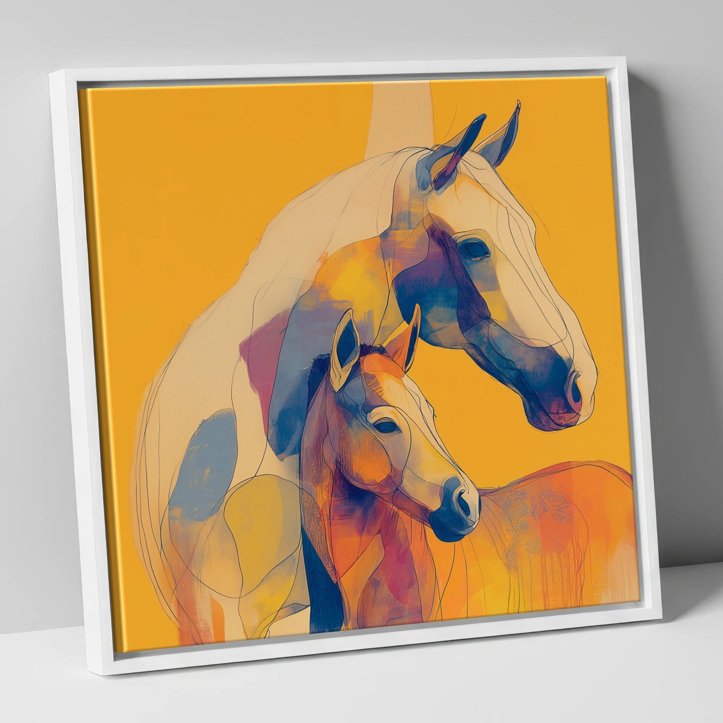 Golden Equine Bond mare & foal canvas wall art in white frame