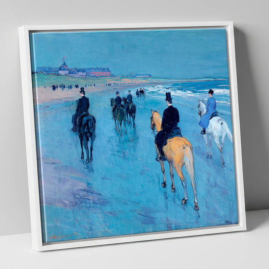 Azure Shore Riders horse landscape canvas wall art in white frame