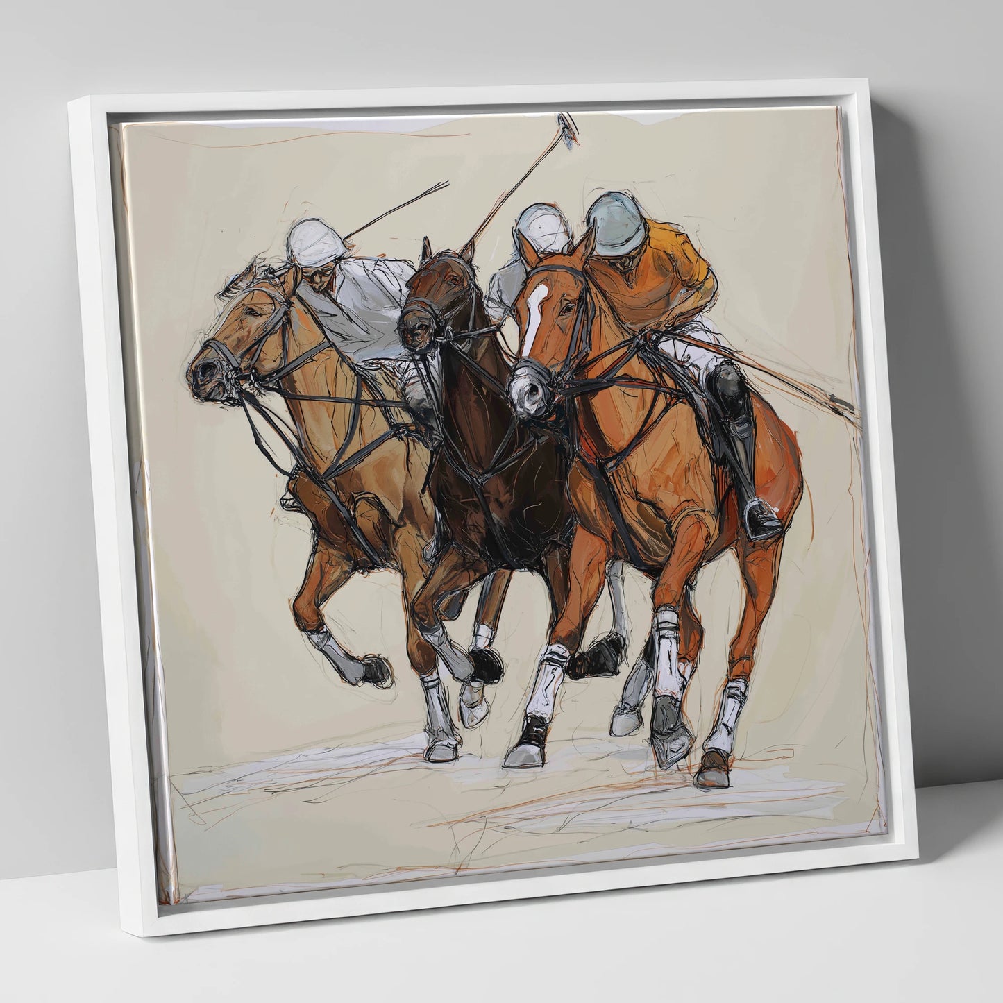 The Midfield Charge polo horse canvas wall art in white frame